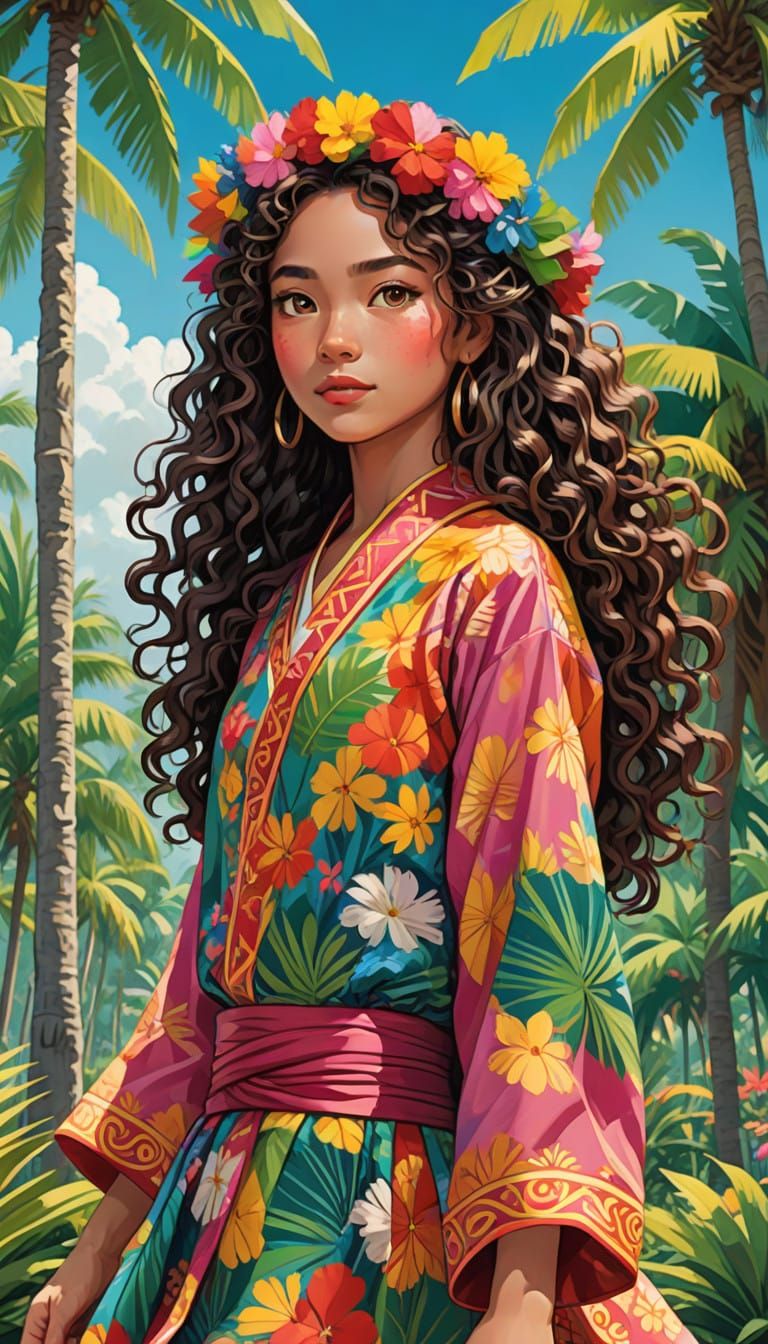 Colorful Filipina Princess Dances Amid Palm Trees and Flower...