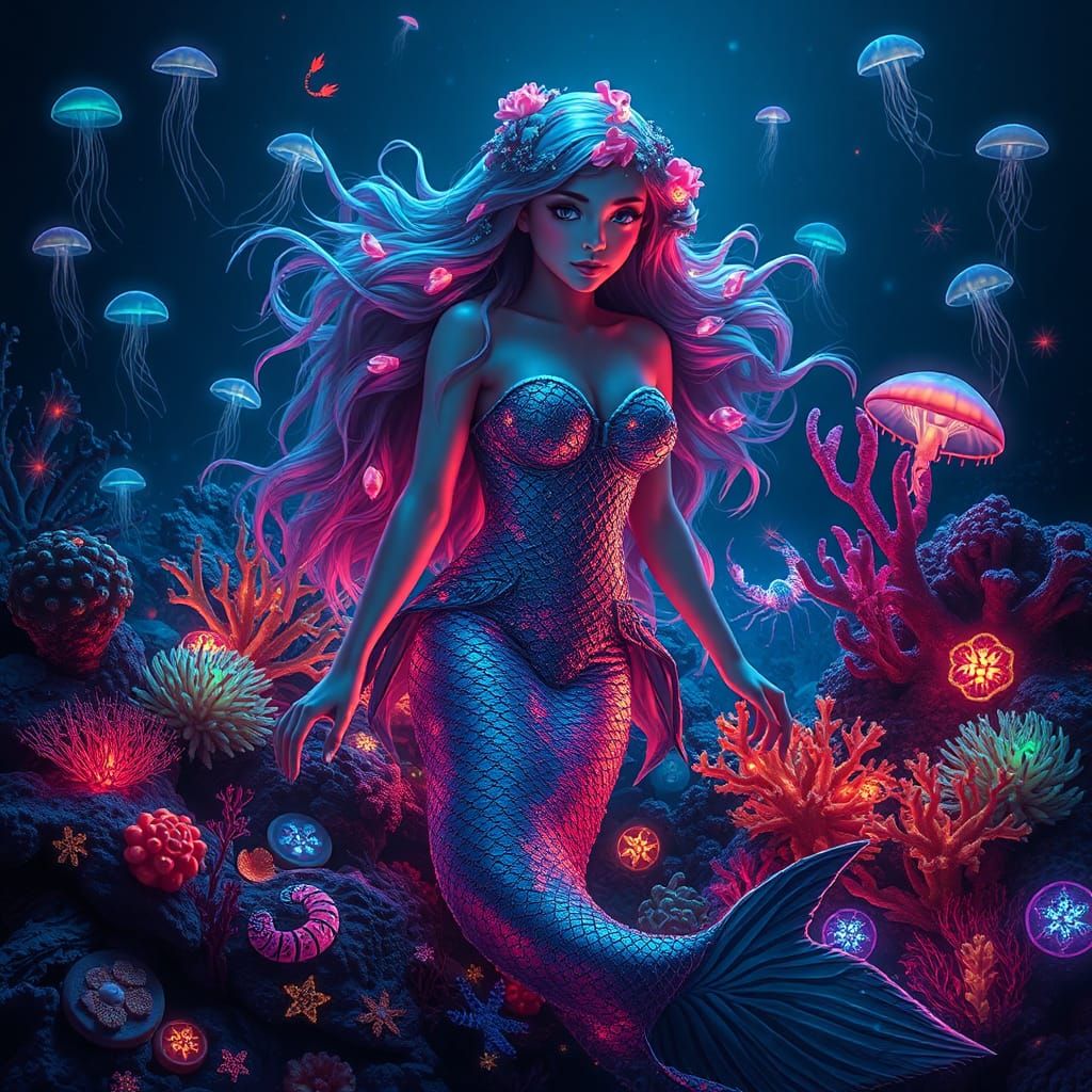 Bioluminescent Mermaid in Thriving Coral Reef Ecosystem