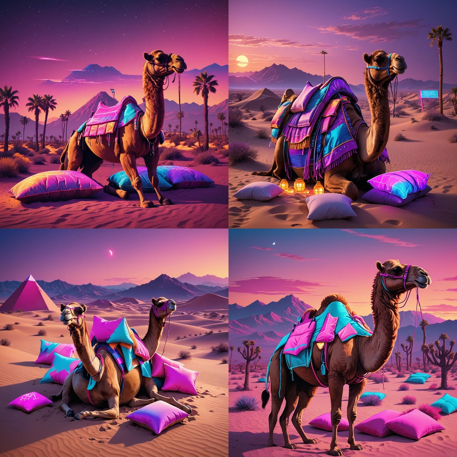 Camel with Pillows in Synthwave Desert Landscape