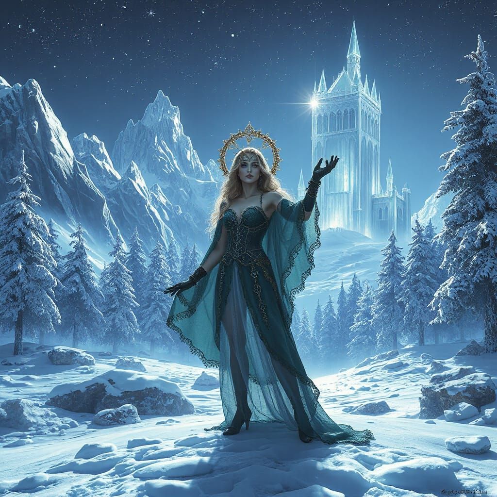 Sorceress in Crystal Winter Wonderland with Glowing Castle
