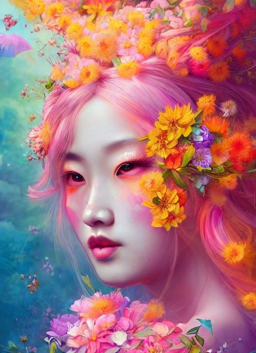 Asian Goddess in Spring Flowers, Oil Painting