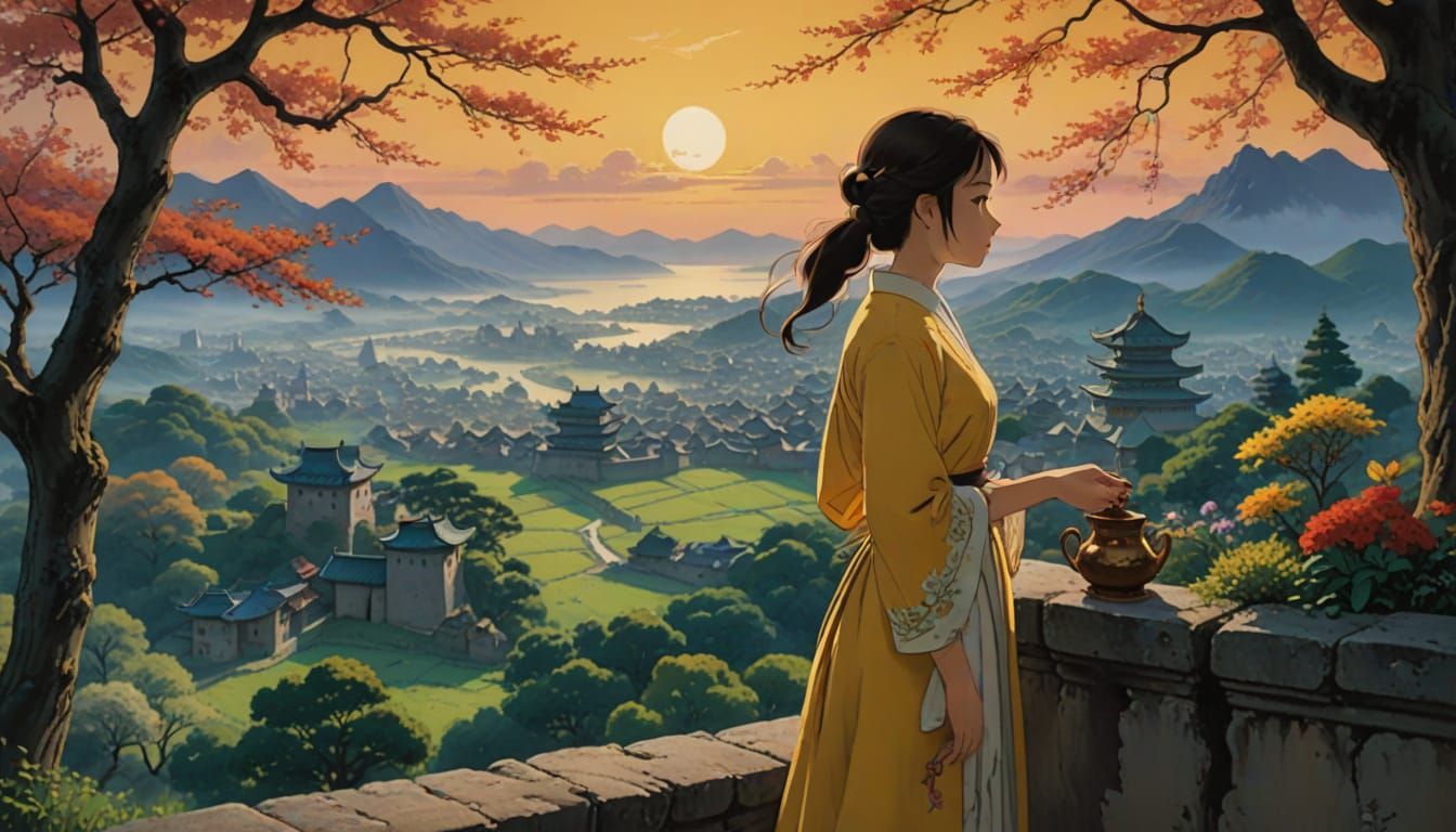 Elegant Poetess Dances on Ancient Chinese Wall under Moonlit...