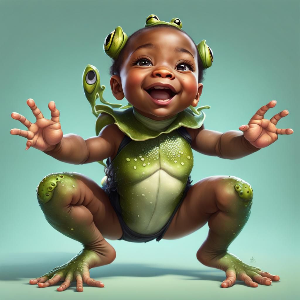 Happy Black Baby Girl Frog, Detailed Concept Art