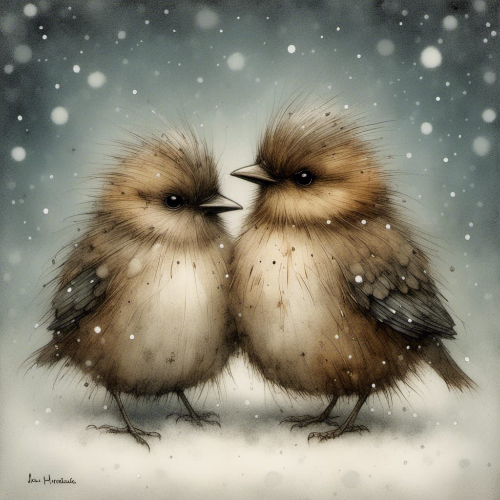 Fluffy Birds Huddle in Winter Snow, Intricate Art