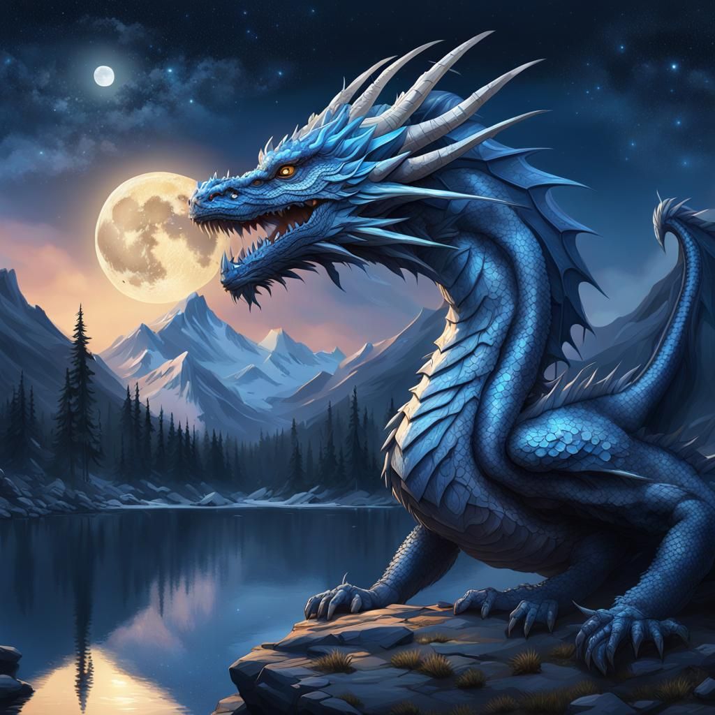 Blue Dragon Sleeping Under Moonlight, Digital Art