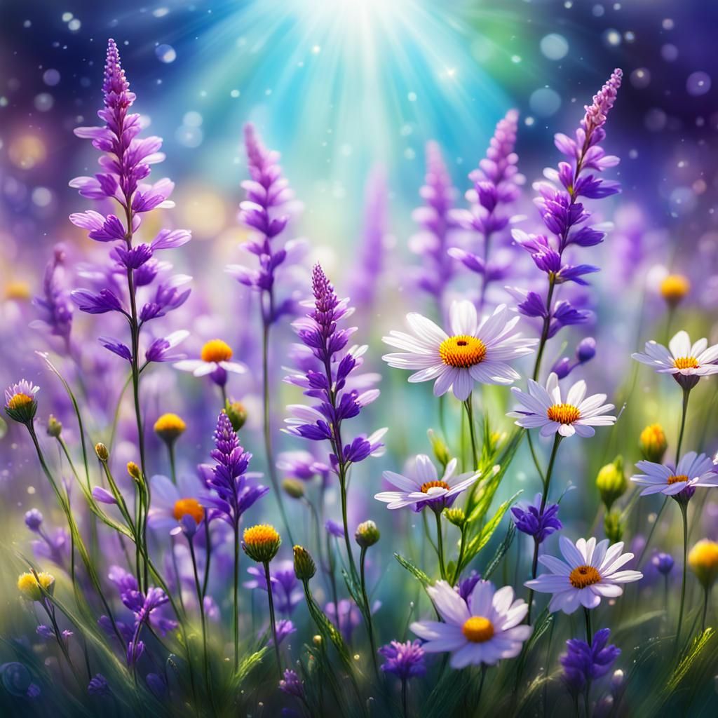 Vibrant Wildflower Spring Landscape in Photorealistic Impast...