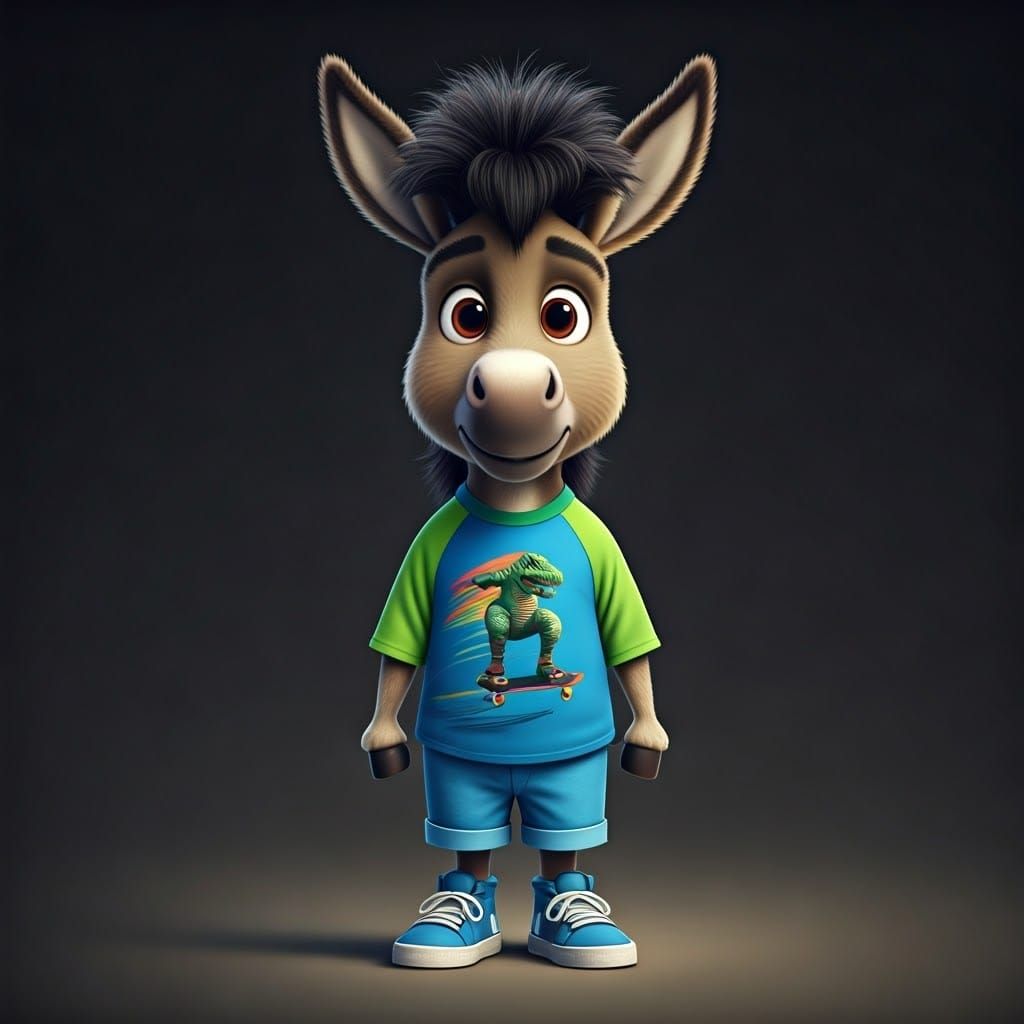 Adorable donkey with yellow-hued skin, jet black hair styled...