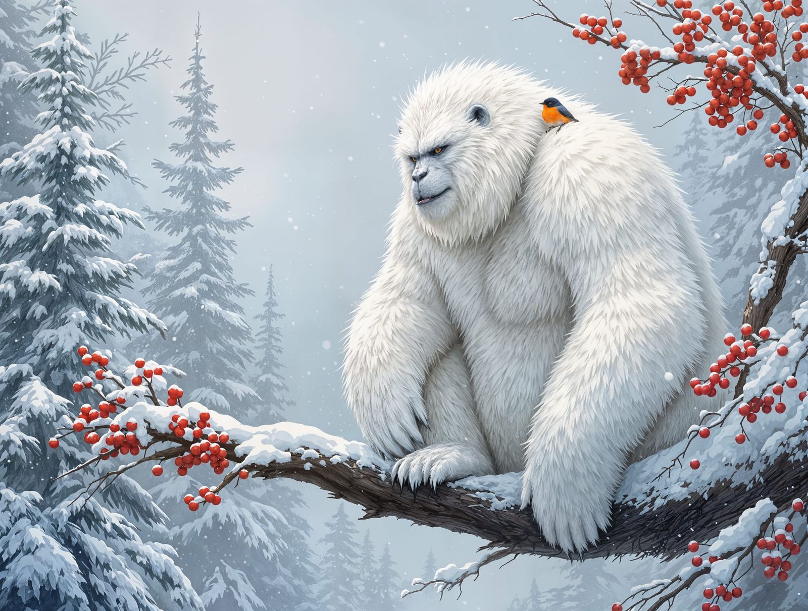 Hyperrealistic Winter Forest Guardian with a Robin