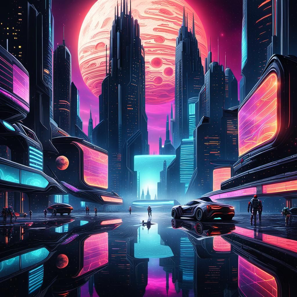 Futuristic Space City on the Moon in Neon Digital Art