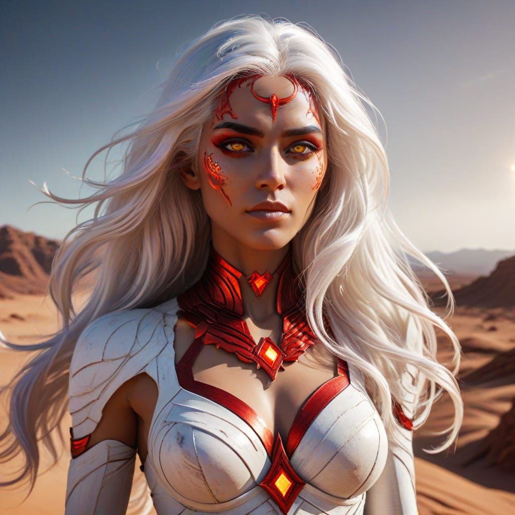 Beautiful Red-Skinned Jinn in Desert Landscape