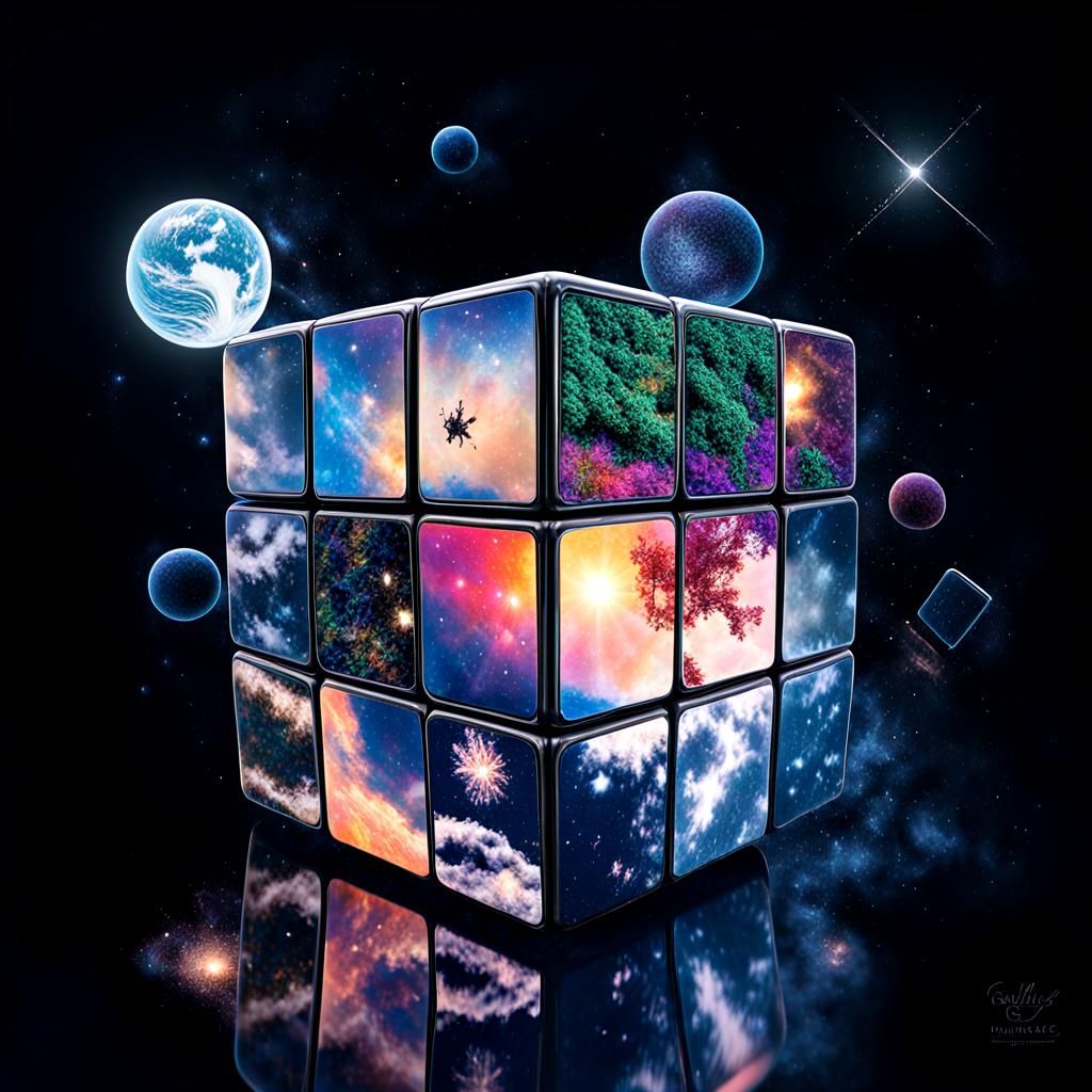 Cosmic Rubik's Cube in Vibrant Biomes