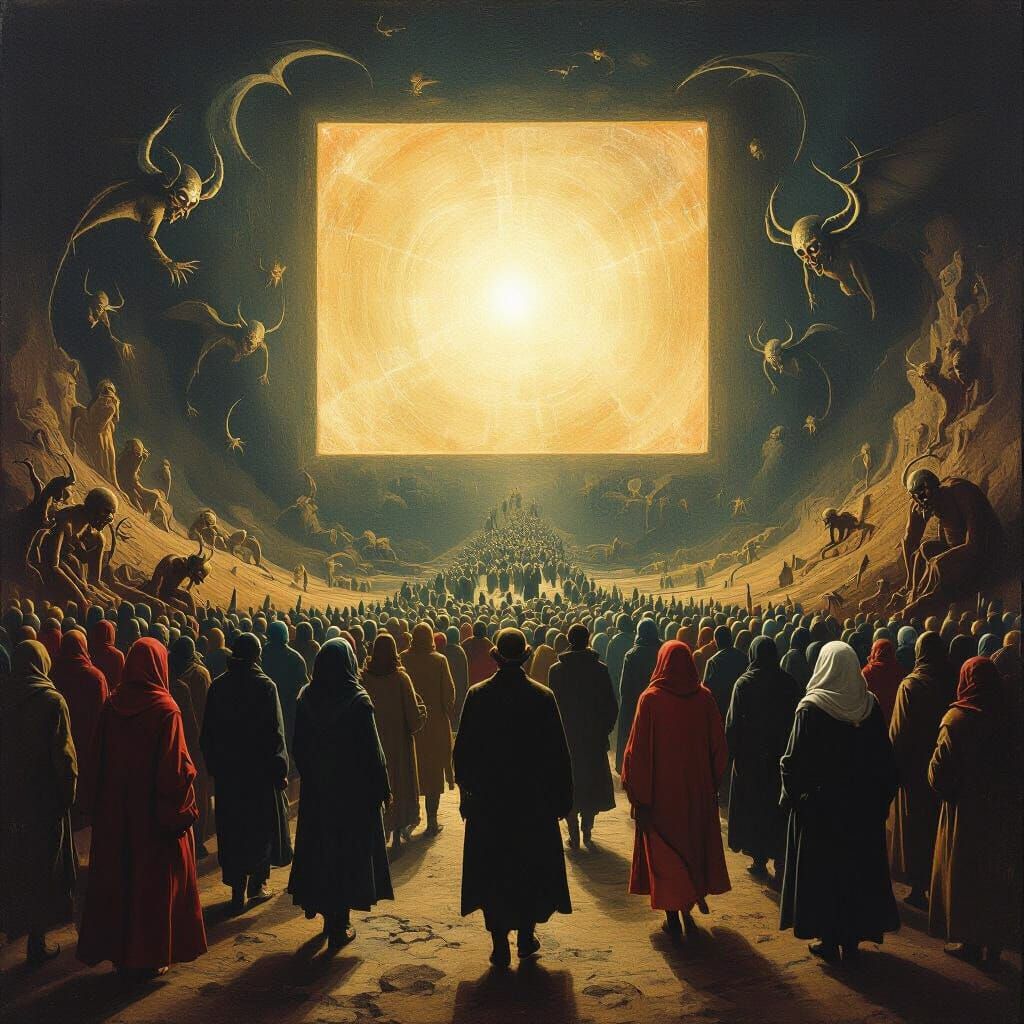 Grotesque Crowd Walks to Glowing Screen, Renaissance Style