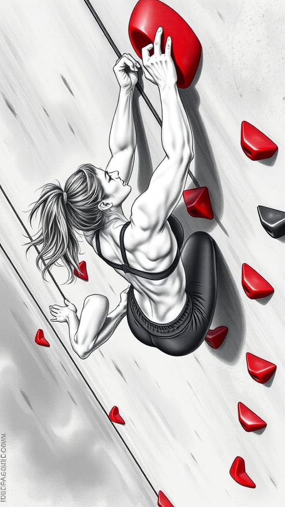 Female Rock Climber Battles Overhang in Stylized Sketch