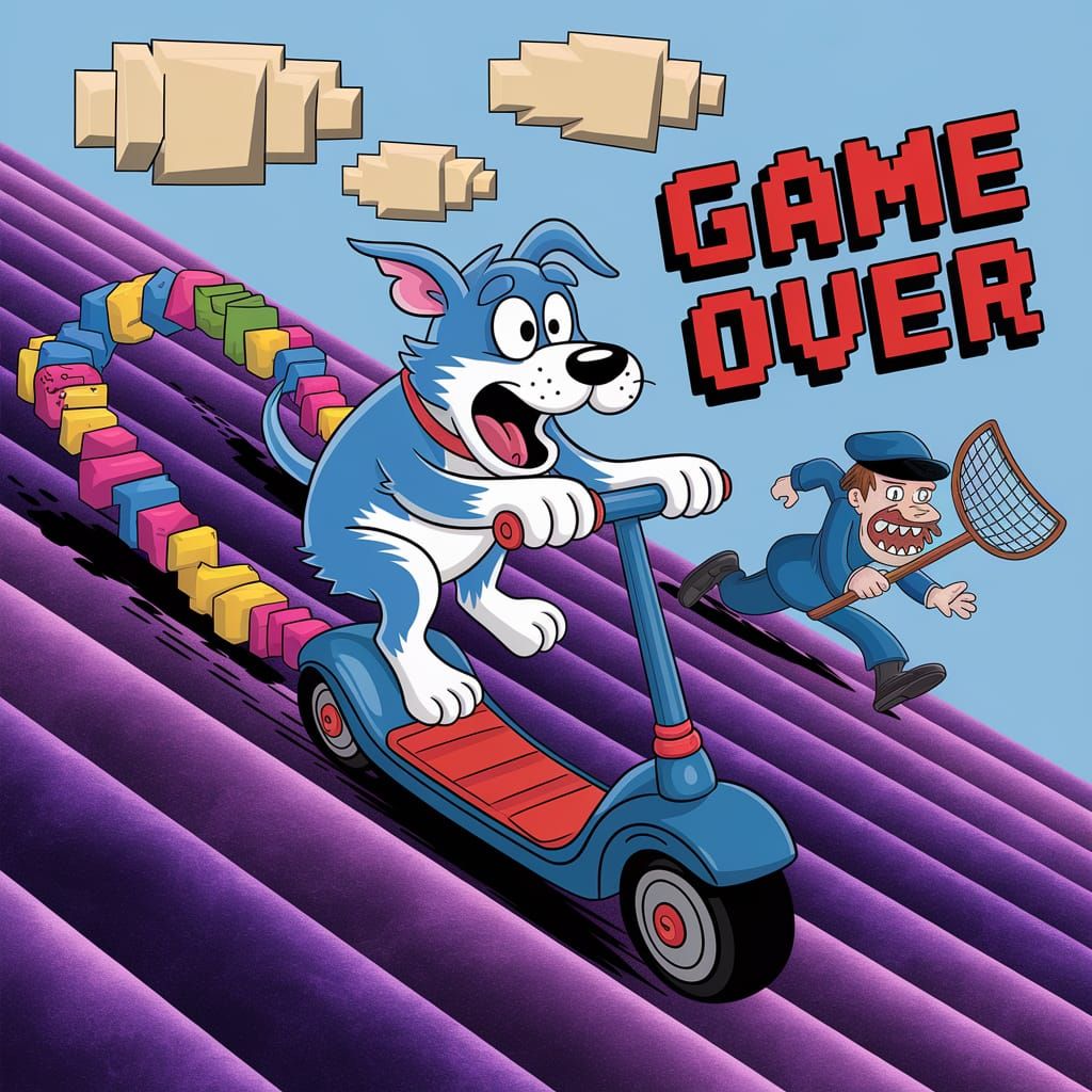 A flustered blue dog gripping a bumper scooter as it hurtles...