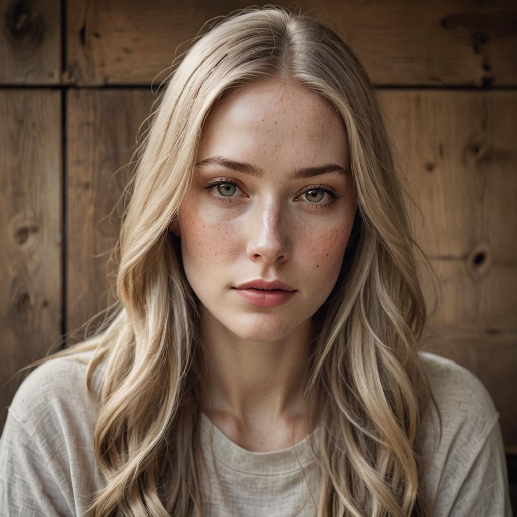 young woman with long ash-blond straight hair, pale skin, no teeth, long eyelashes, skin freckles on face, moles on body...