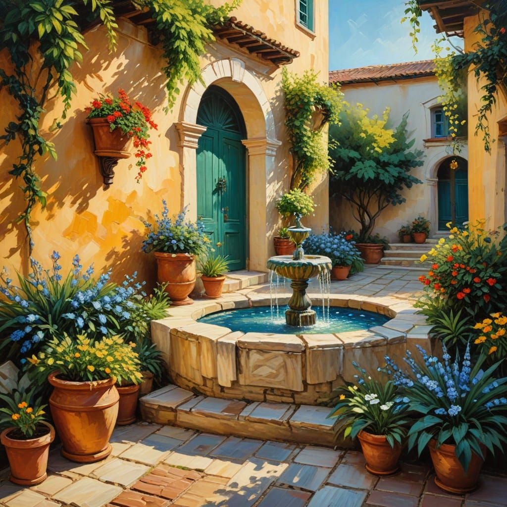 Tranquil Greek Courtyard: An Impasto Oil Painting