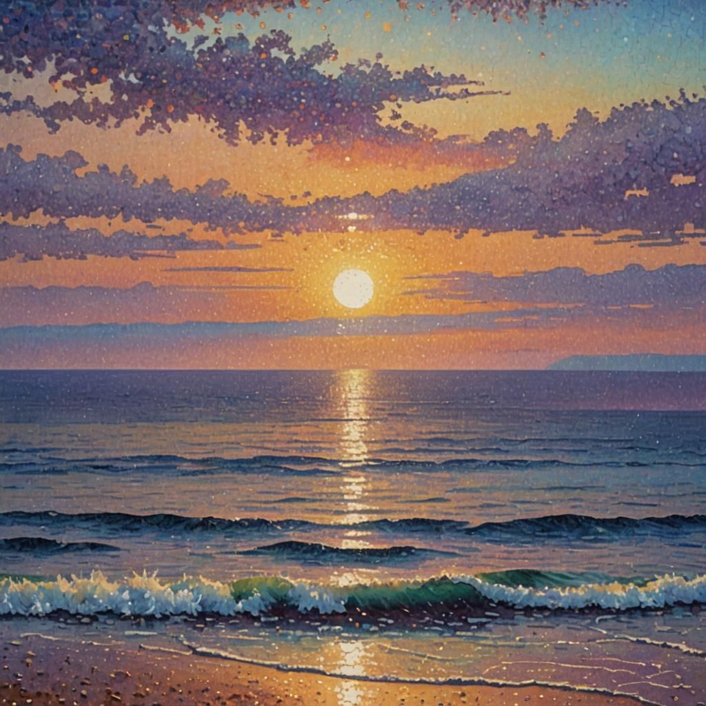 Impressionist Sunset Over Ocean in Pointillism Style