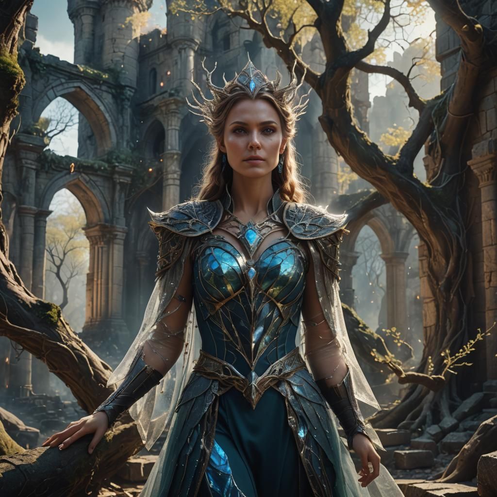 Sorceress Posing in Ancient Castle Ruins