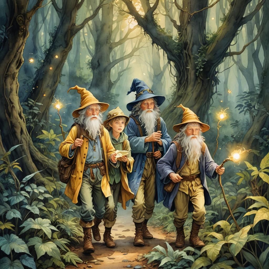 Mystical Forest: Adventurers and Lizard Wizard in Watercolor