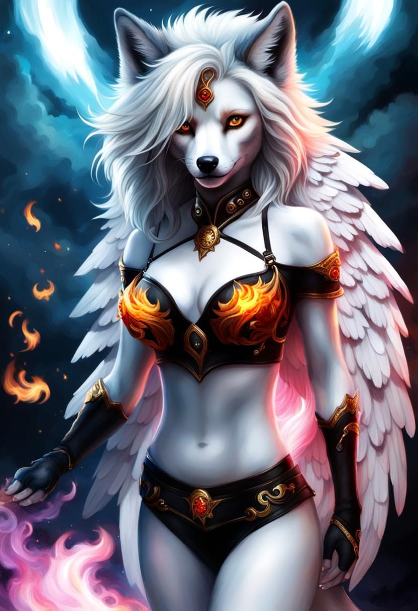 Golden Flame Wolf Angel Furry Art