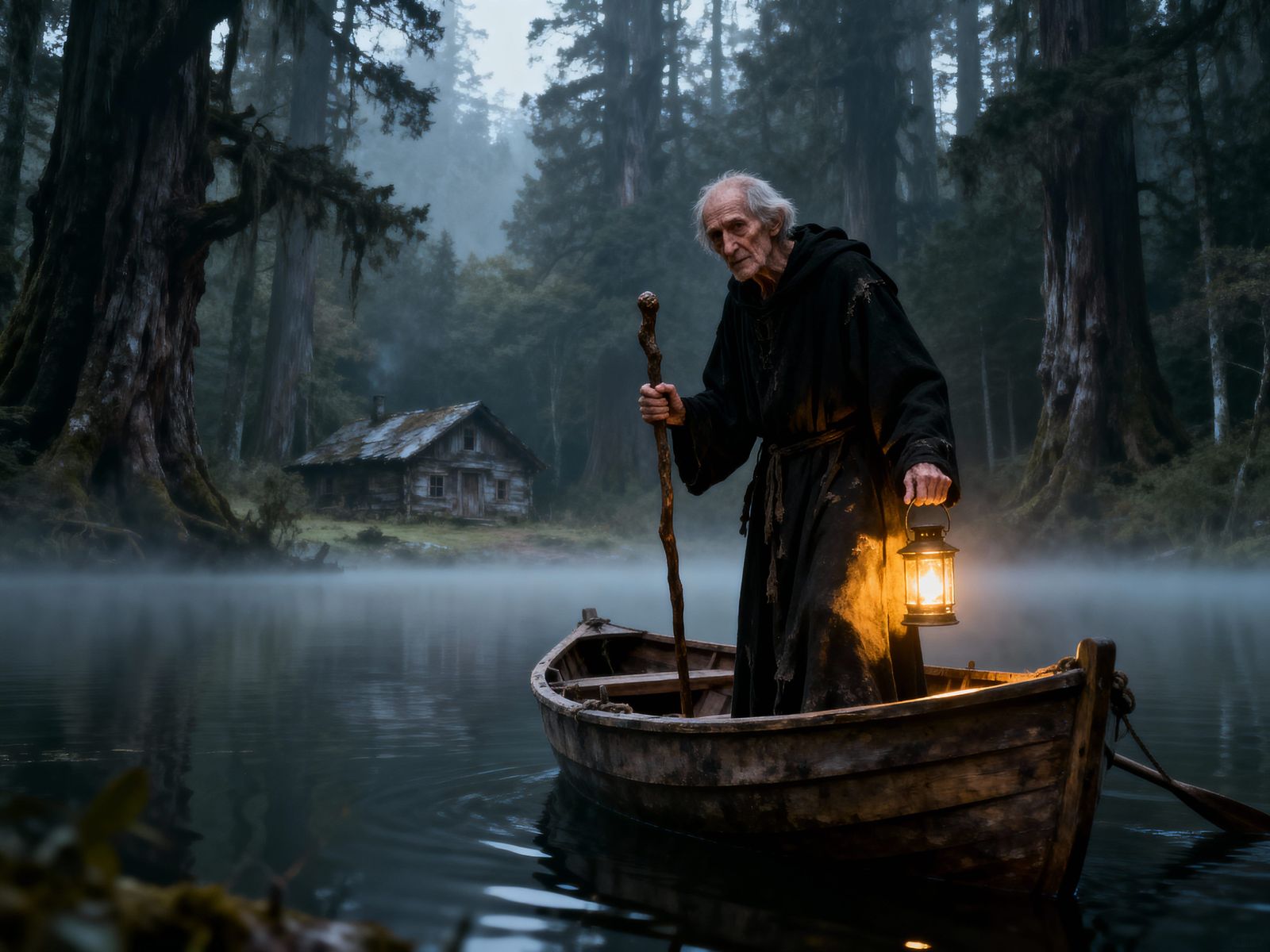 Old Man with Lantern on Boat in Misty Forest
