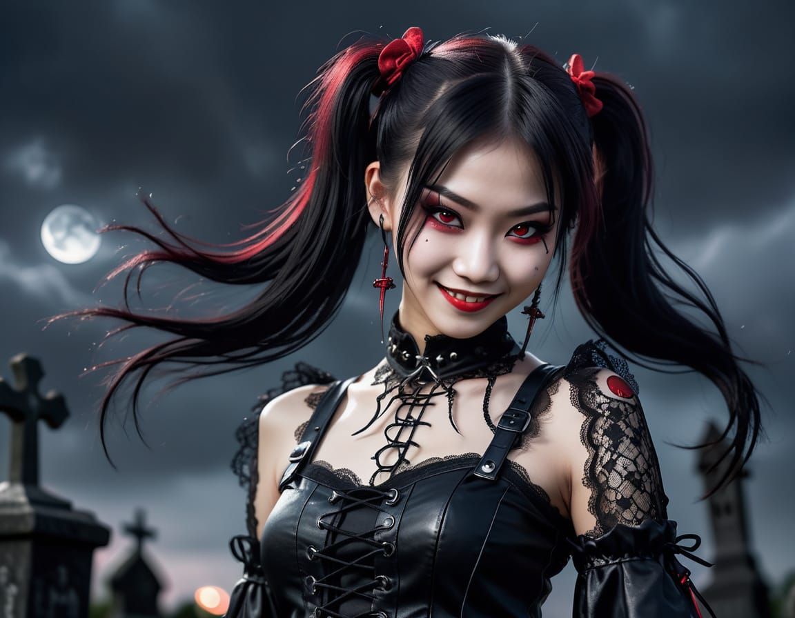 Gothic Punk Vampire Girl Dances Under Full Moon