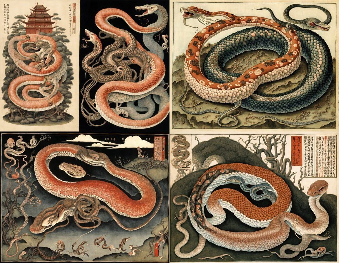 Surrealistic Woodblock Snake in Deep, Noctilucent Hues