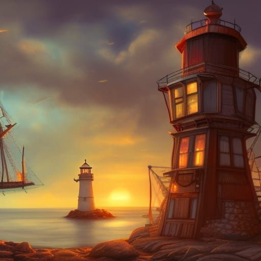 Cozy Steampunk Lighthouse Interior at Sunset