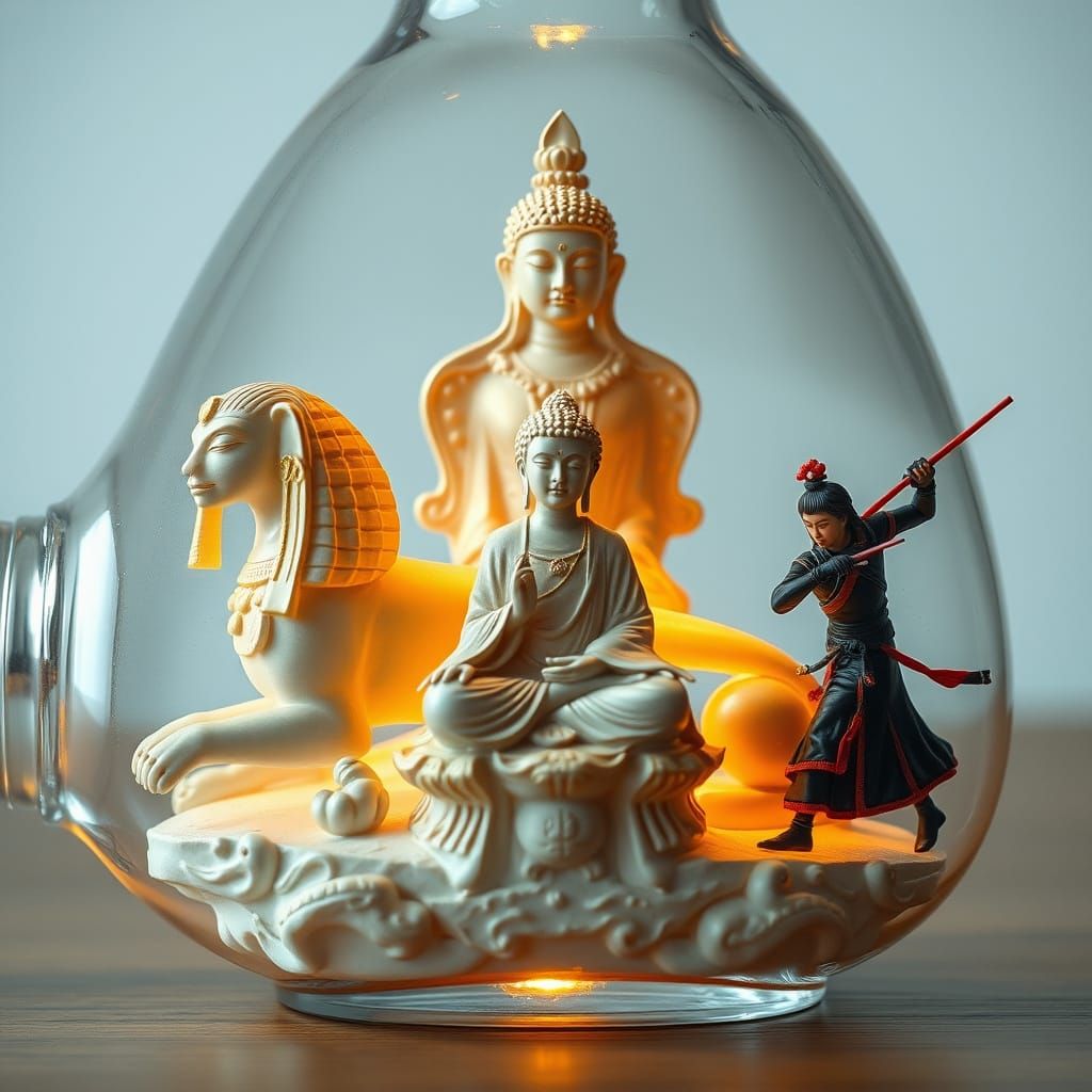 Egyptian Sphinx, Buddha, and Samurai in a Bottle