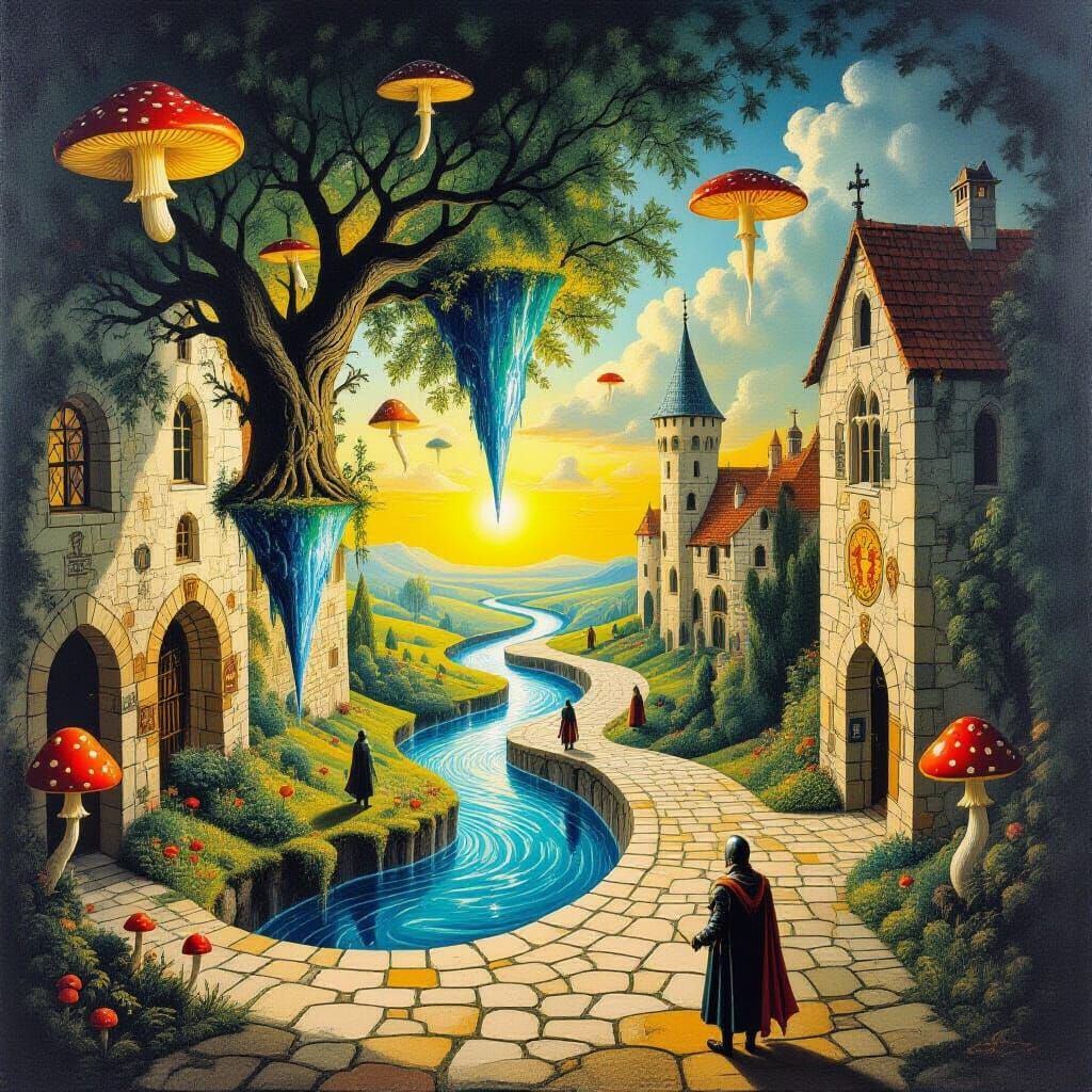 Surreal Medieval Courtyard in a Dreamlike Style