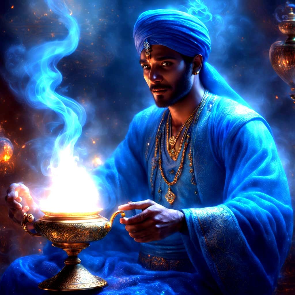 Blue Genie Emerges from Aladdin's Lamp