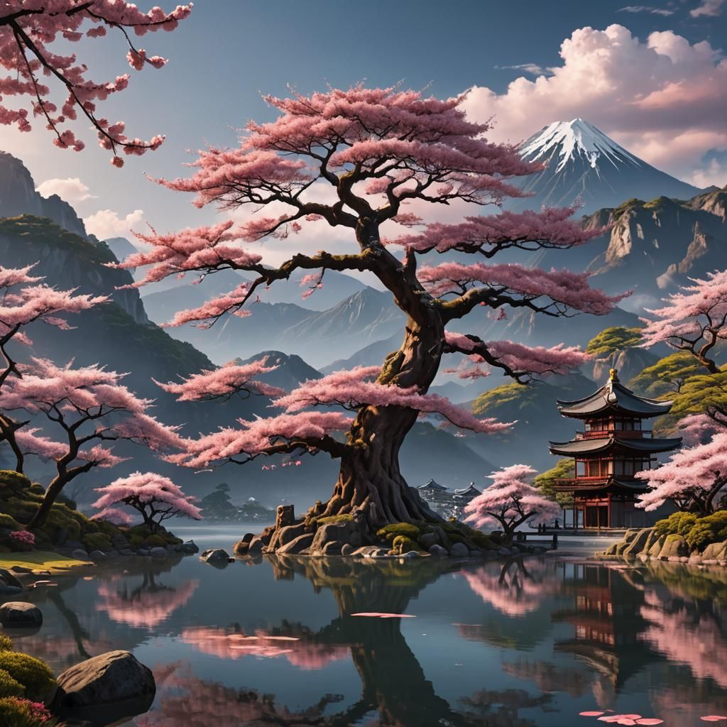 Sakura Tree by Lake: Fantastical Matte Painting