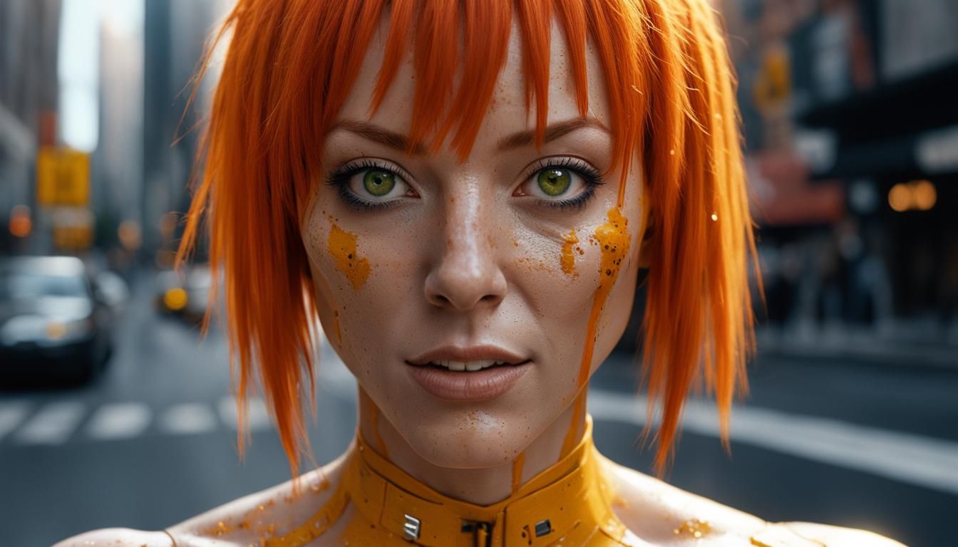 Hyperrealistic Leeloo Portrait with Splatter Paint Details