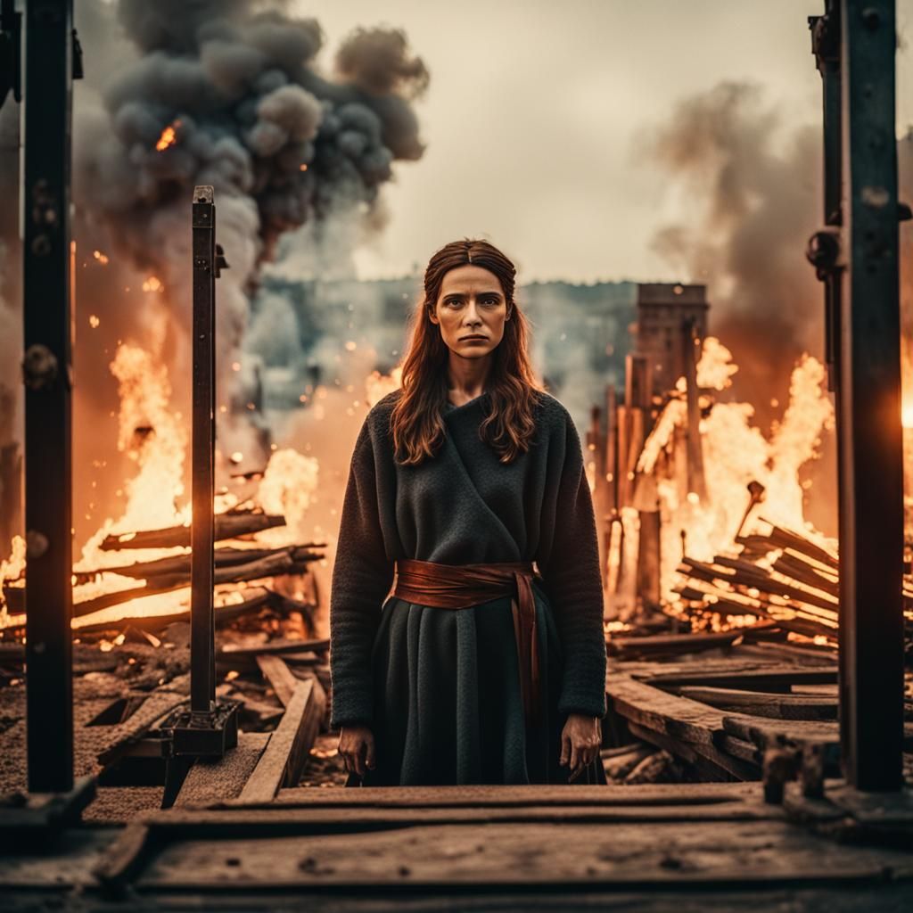 Dramatic Woman at Guillotine in Cinematic Film Still