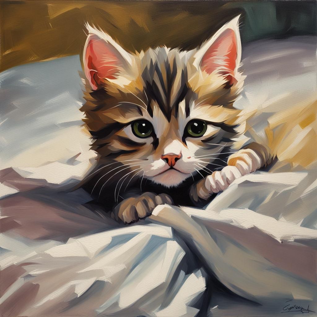 Sad Kitten Oil Painting in Bed