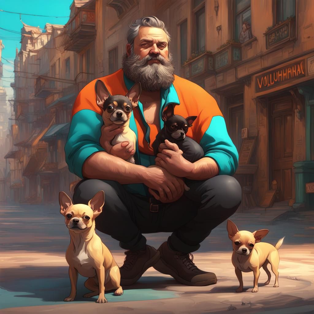 Large Man Holds Small Chihuahua, Detailed Concept Art