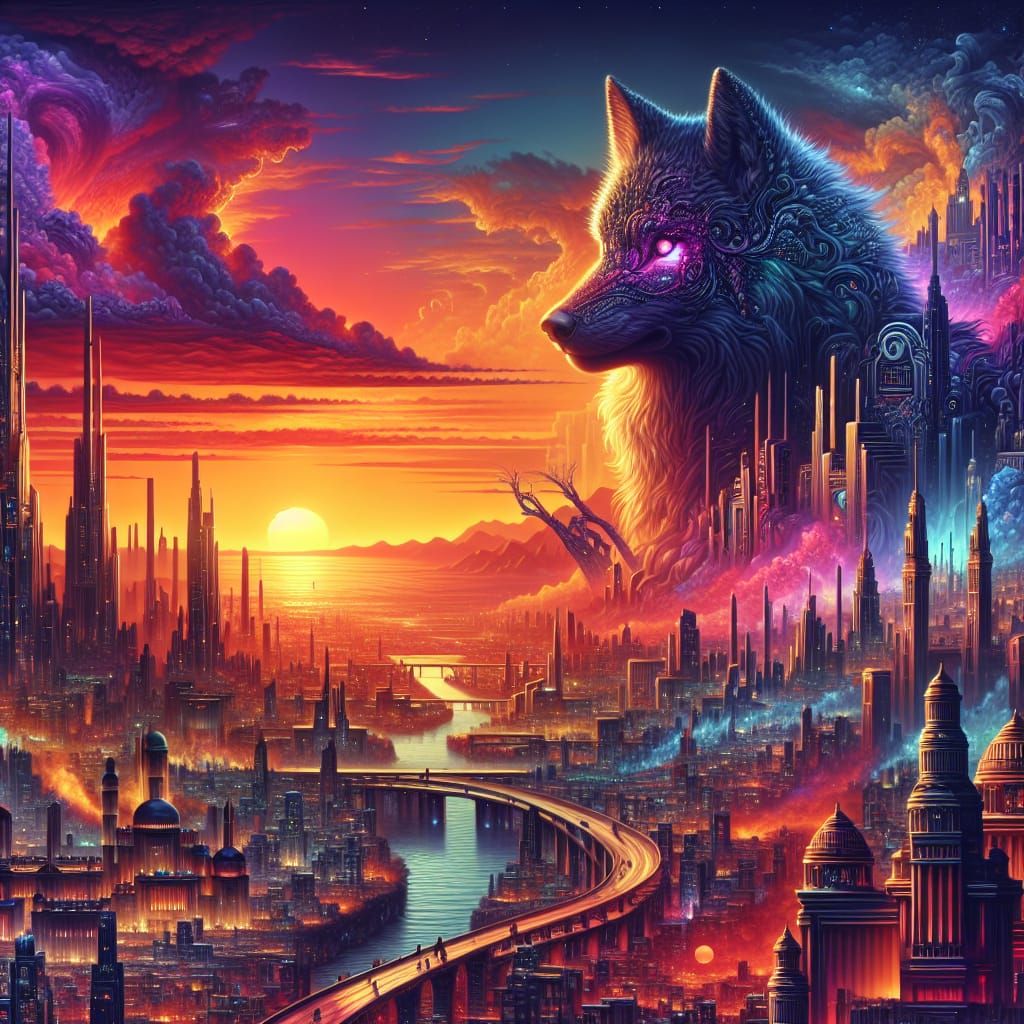 Wolf Overlooking Cityscape at Sunset: Digital Matte Painting