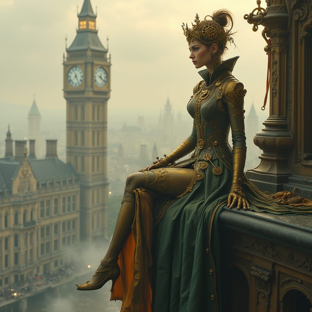 Clockwork Queen Overlooking Victorian City in Steampunk Styl...