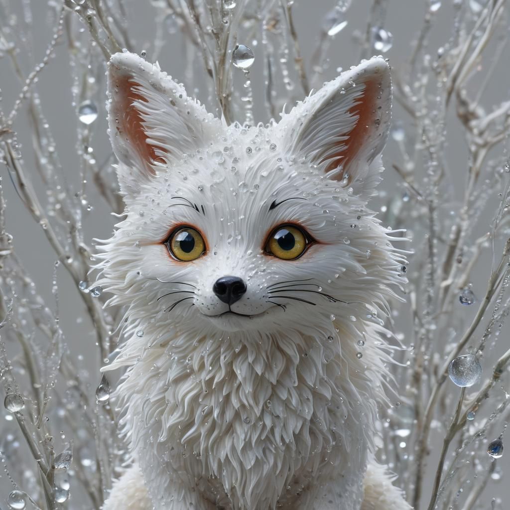 Enameled glass figurine of a Stunning baby white fox with bi...