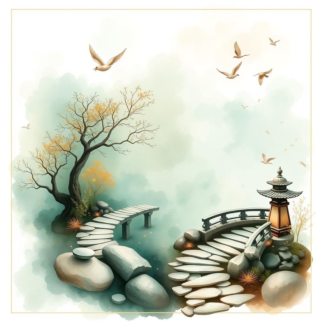 Yin Yang Zen Gardens in Pastel Watercolor Style