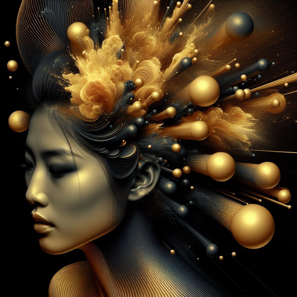 Golden Surreal Portrait with Exploding Orbs in Bauhaus Style