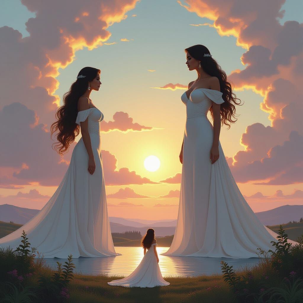 Gigantic Women Towering Over Landscape in Epic Fantasy Style