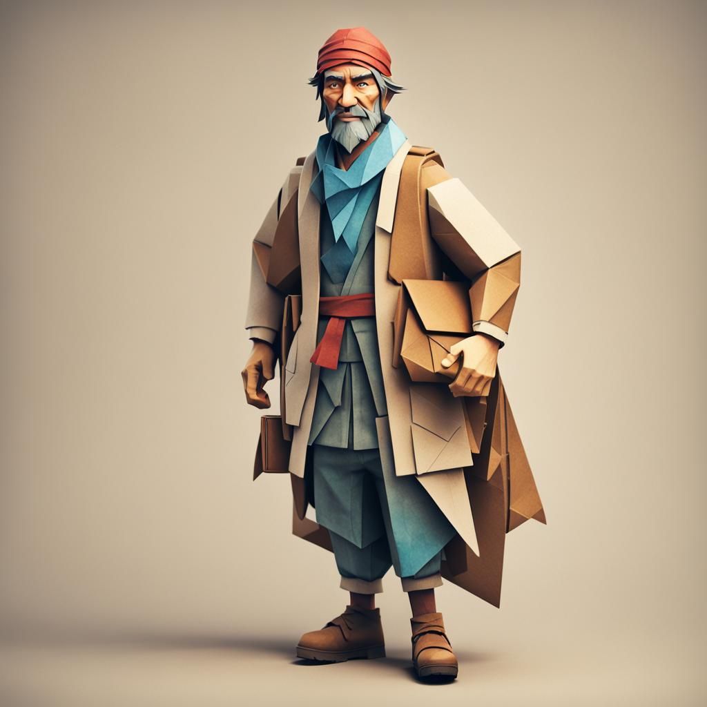 Origami Adventurer with Piercing Eyes in 8K