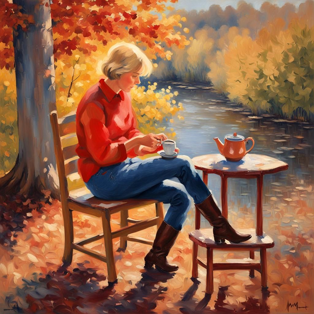 Impressionist Painting of Woman with Tea in Autumn