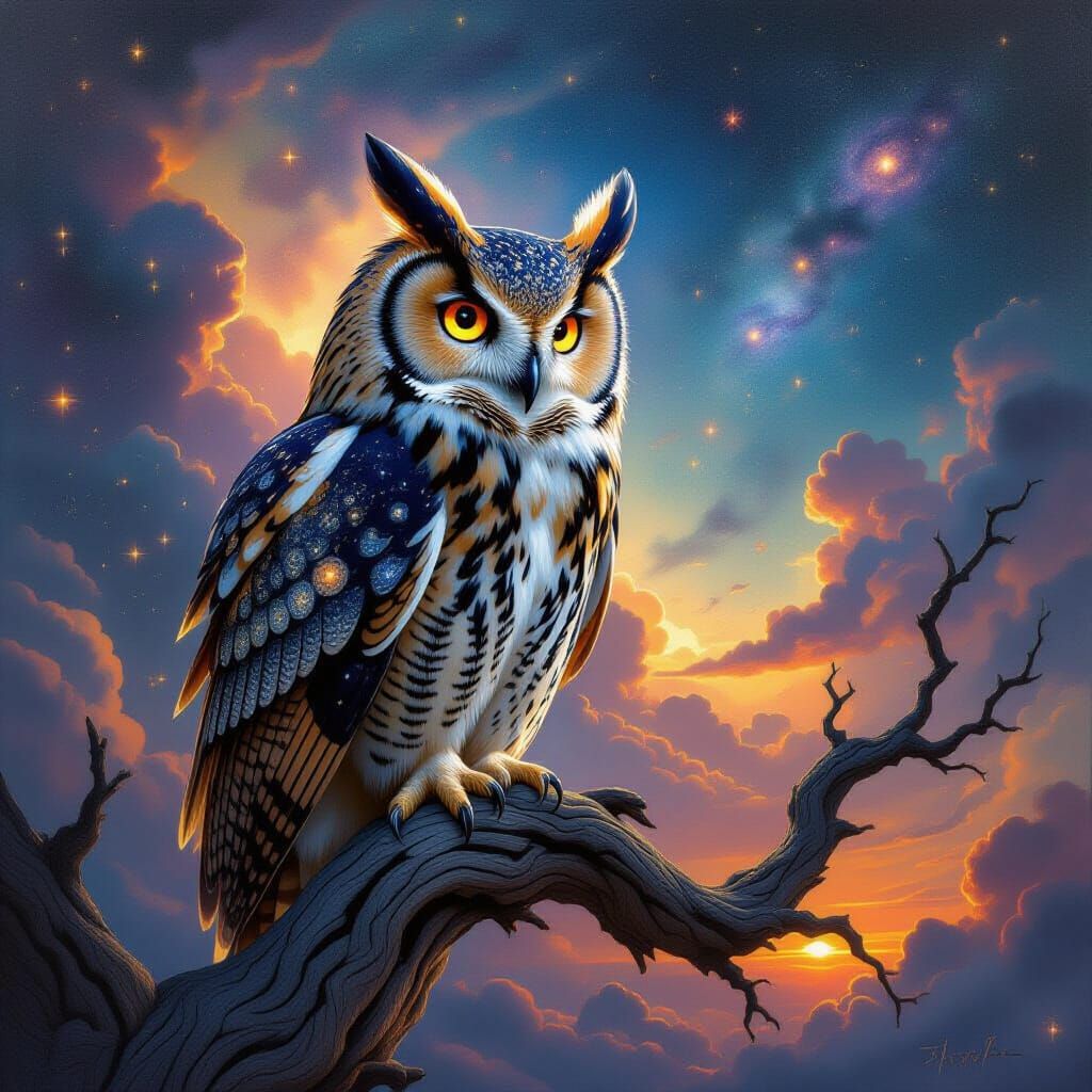 Celestial Owl Perched Under Nebula Sky