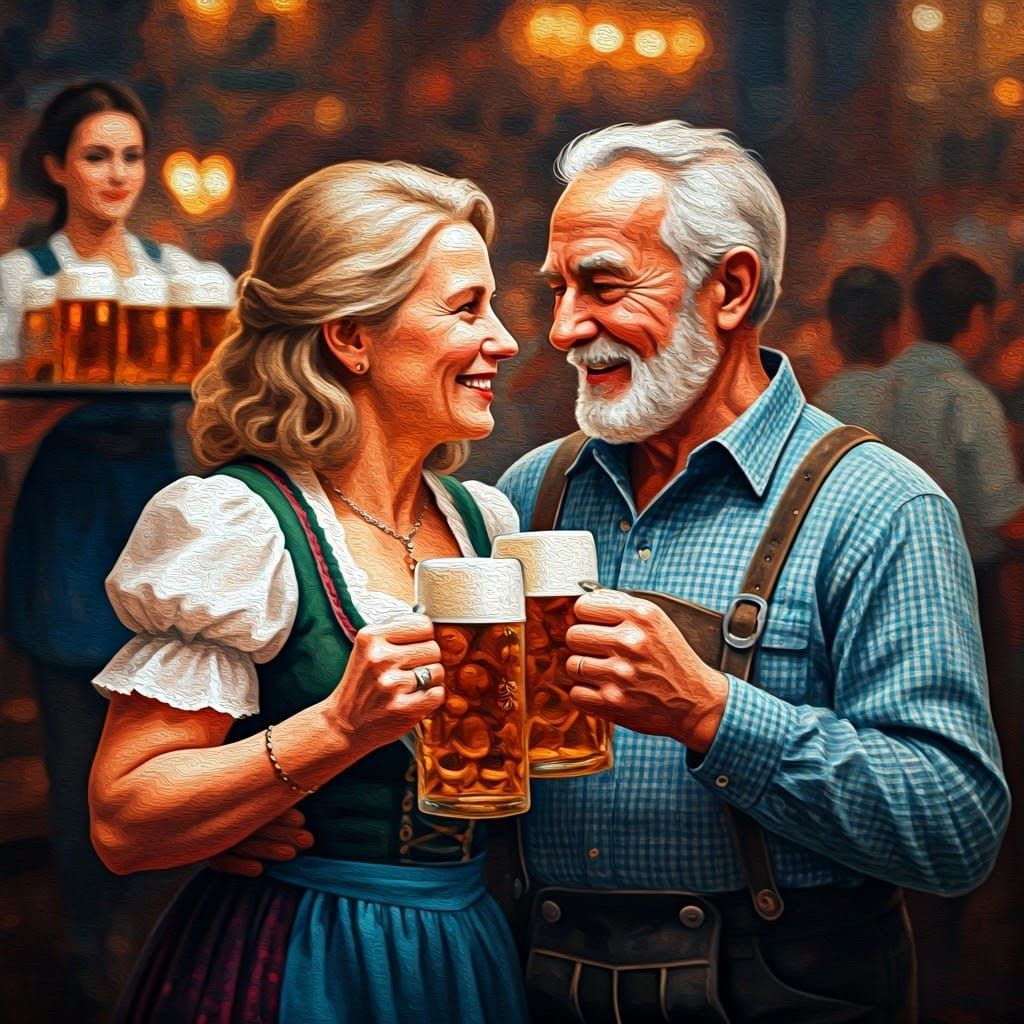 Oktoberfest Embrace: Golden Beer in Vivid Impasto