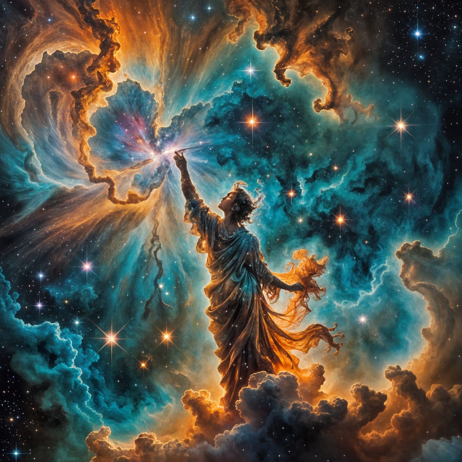 Cosmic Nebula Silhouette in Leonid Afremov Style