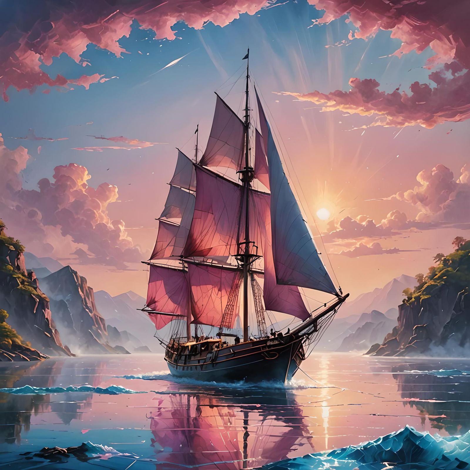 Sailing Boat at World's Edge: Cinematic Painting