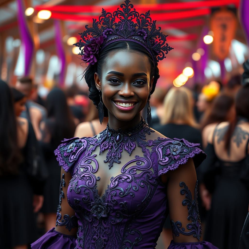 Gothic Woman in Purple Dress at Festival, Photo-Realistic