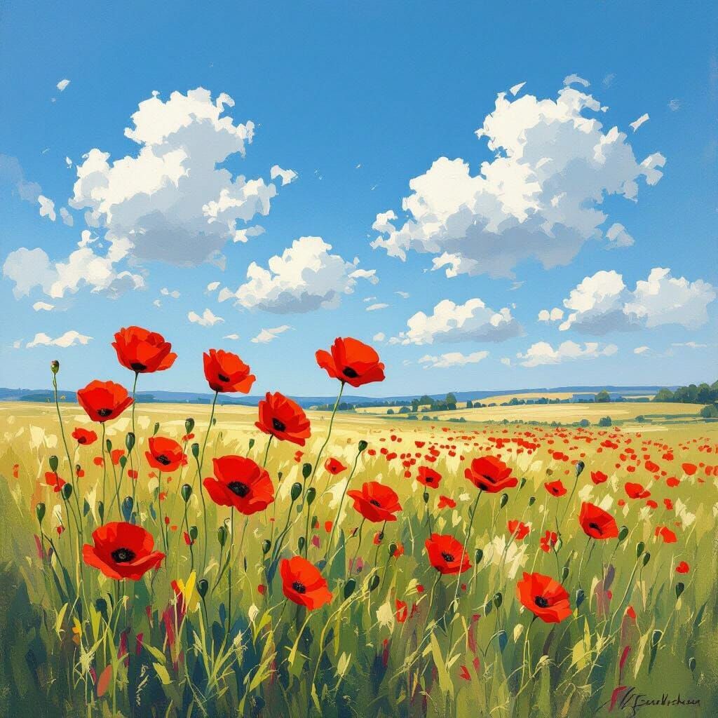 Poppies Swaying in Impressionistic Landscape